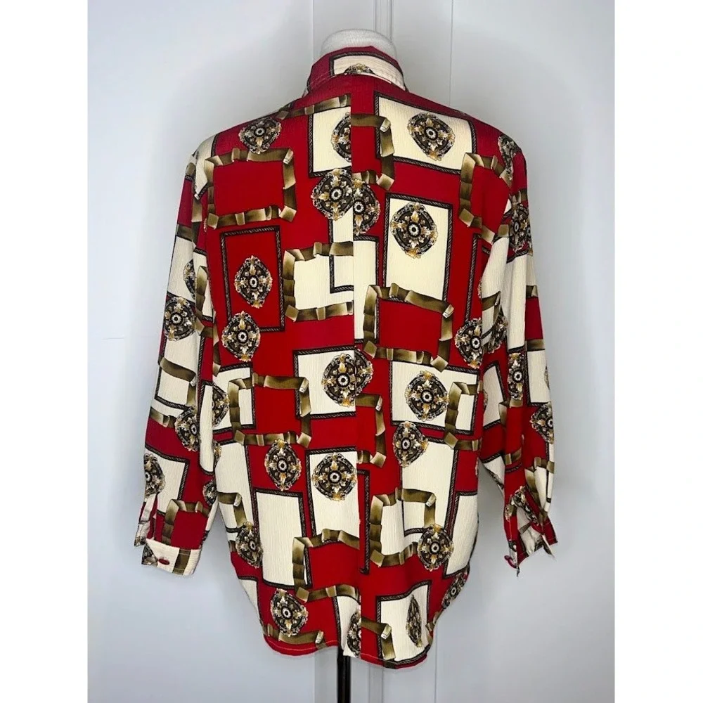 Christie & Jill Petite Vintage Red Baroque Chain Medallion Button Down Blouse M